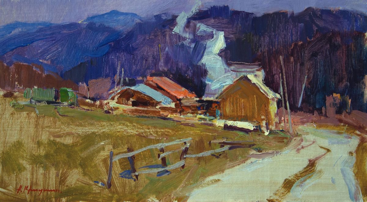 Impressionistic Landscape Oil Painting By Aleksandr Kryushyn, 18 X 10, Sawmill In Richka Village, Original Artwork
