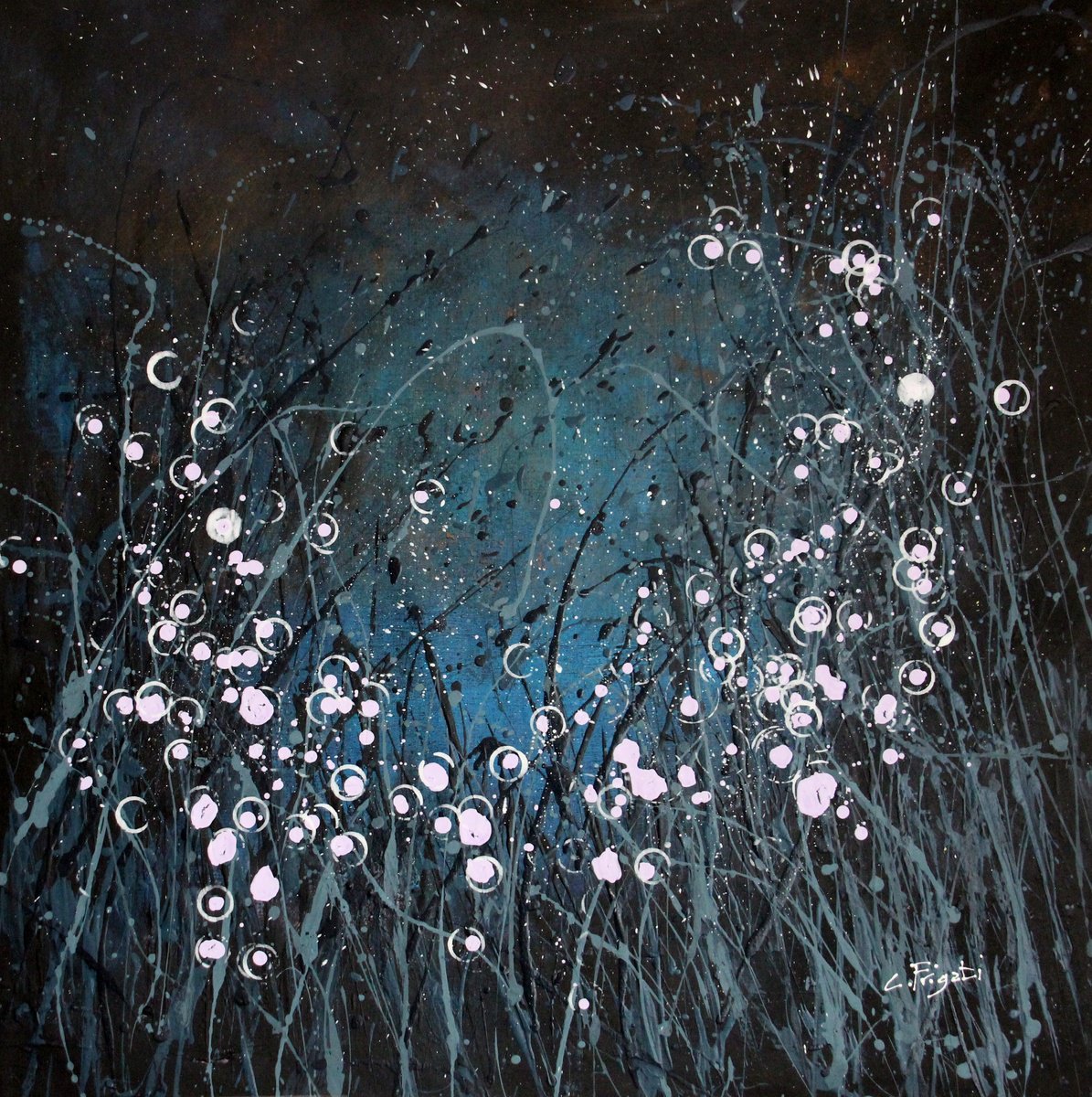 Expressive Landscape Acrylic Painting By Cecilia Frigati, 25 X 25, Notturno Regale #12, Original Artwork