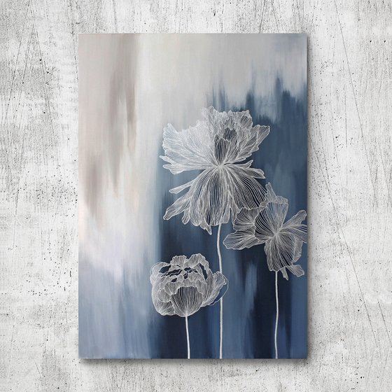 "Thinness 4" Abstract navy silver flowers art