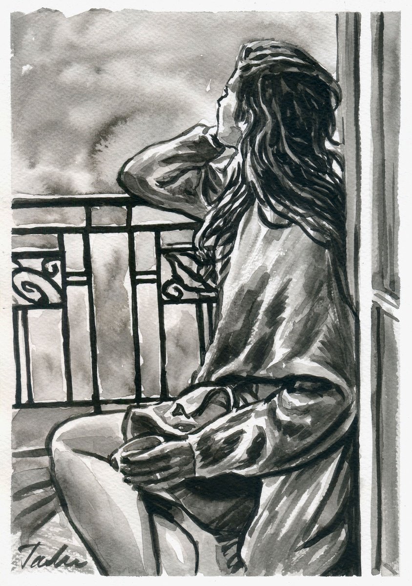 Urban And Pop Portrait Ink Drawing By Tashe, 8 X 12", "Dreamily Morning", Original Artwork