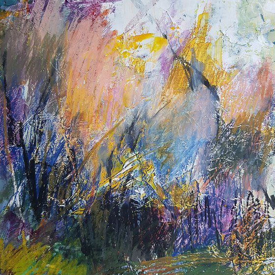 Les brumes acérées - modern abstract contemporary landscape - mixed media on paper - small size affordable decorative home design interior decor