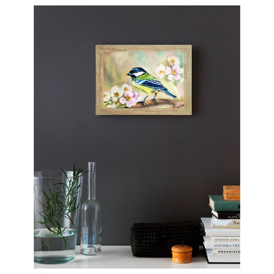 Chickadee Oil Painting Original Art Tit Bird Artwork Titmouse Wall Art