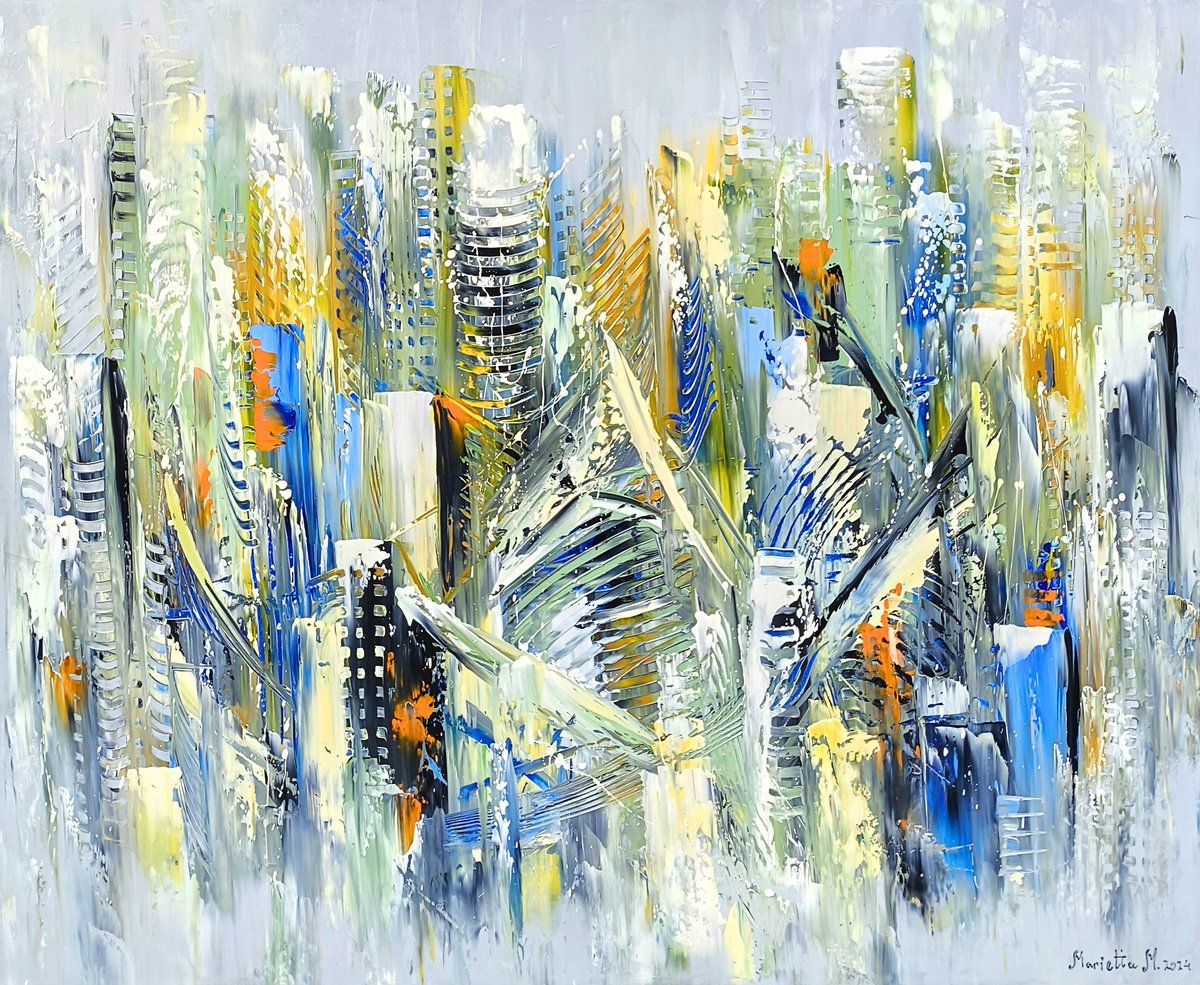 Abstract Cityscapes Oil Painting By Marieta Martirosyan, 39 X 31", Abstract Skyscrapers, Original Artwork
