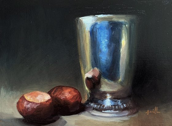 Original Oil Still Life Conkers with Antique Silver Goblet.