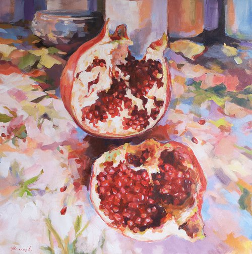 Pomegranate, original, one of a kind, impressionistic style still life painting (20x20x2'') by Alexander Koltakov