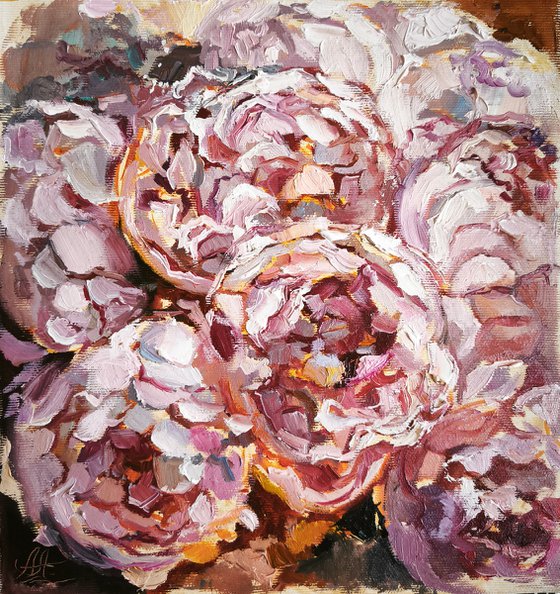 Peonies painting, miniature