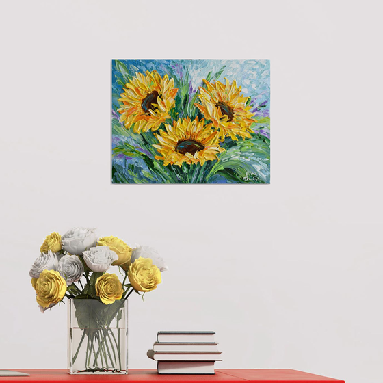 Sunflower Bouquet 11x14, Original Acrylic Painting on Canvas, Impasto Floral abstract art, Impressionist  Palette Knife Modern Painting