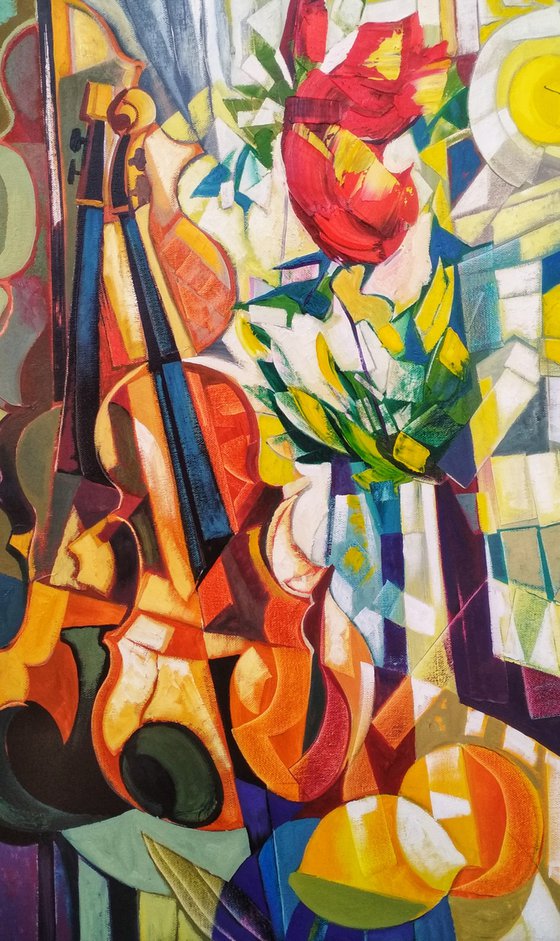 Still life with lemons and violin (60x80cm, cubism, oil painting, ready to hang)