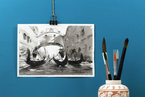 Venice, Bridge of Sighs, ink original sketch painting by Marin Victor
