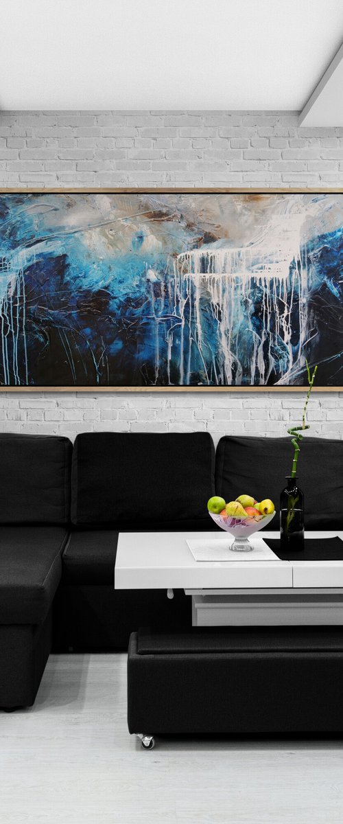 The Midnight View 240cm x 100cm Blue Grey Textured Abstract Art by Franko