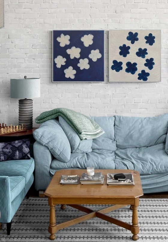 Diptych Blue and White Abstract