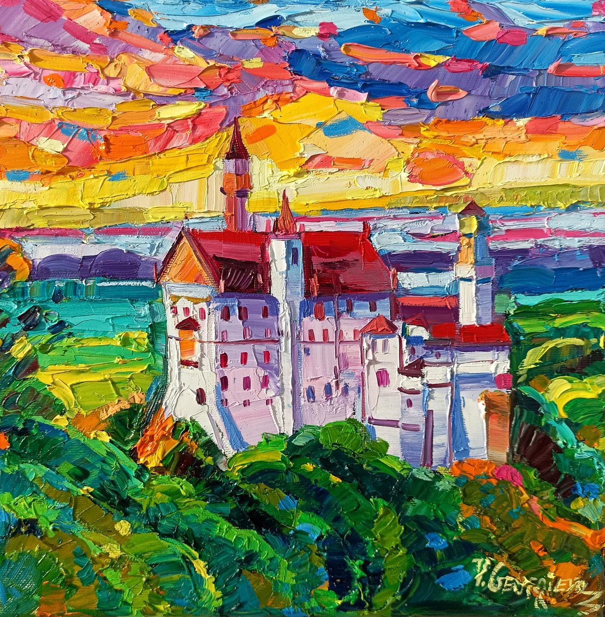 Impressionistic Landscape Oil Painting By Vanya Georgieva, 12 X 12", Neuschwaisten Castle, Original Artwork