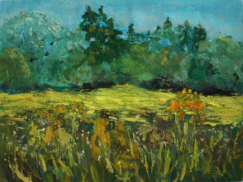 Grass and flowers in the meadow. PLEIN AIR #2 /  ORIGINAL PAINTING by Salana Art Gallery
