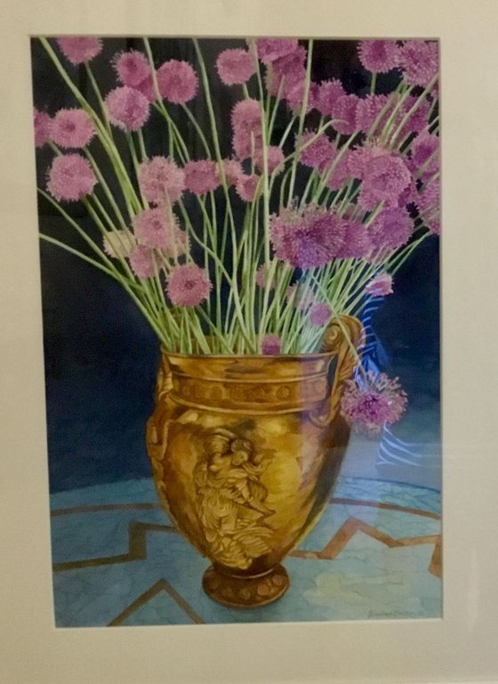 Aliums in a Gold Vase