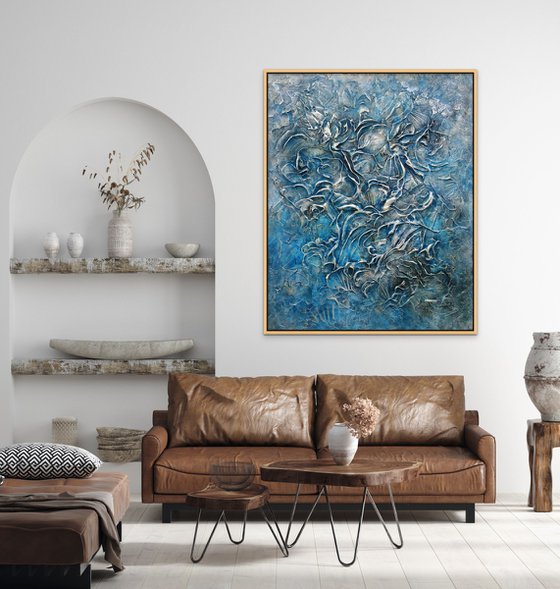 SEA SHELLS IN BLUE. Extra Large Abstract Textured Painting