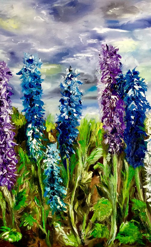 Delphiniums in Regents Park in London, English garden, meadow in summer flowers palette knife modern flowers office home decor gift by Olga Koval