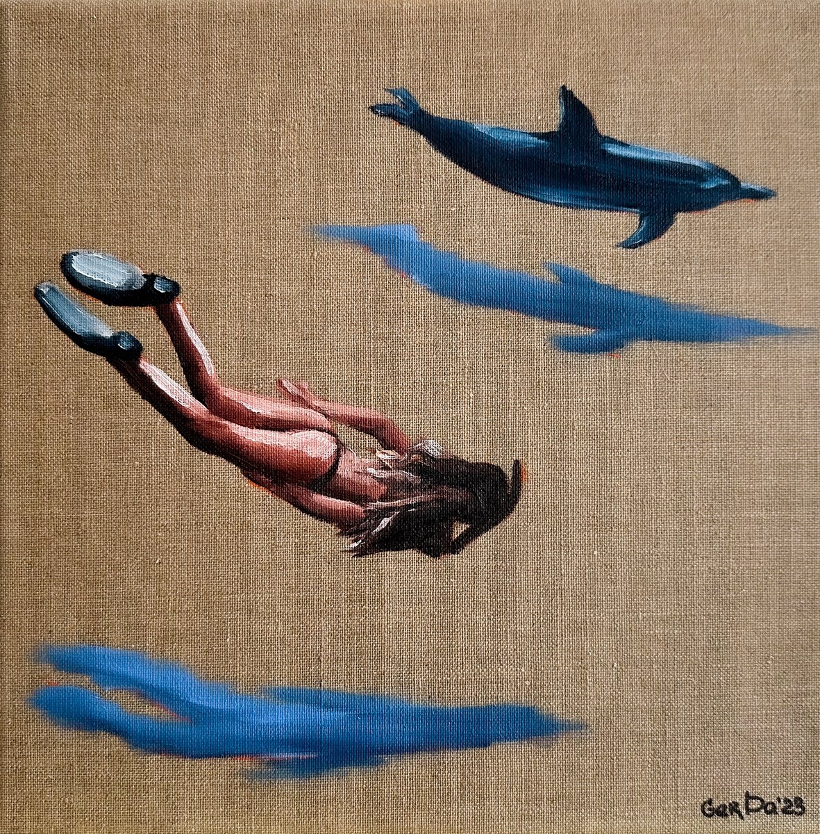 Swimming with a dolphin - Underwater SwimmerWoman Painting by Daria Gerasimova