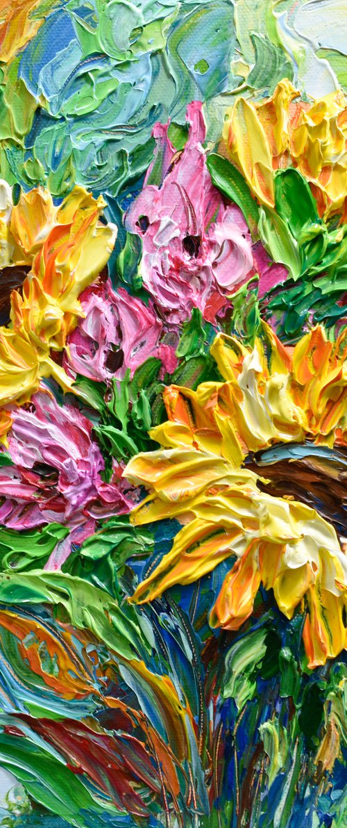 Sunflower Bouquet - Original Floral Painting on Canvas, Palette Knife Art, Textured Impasto Artwork by Olga Tkachyk