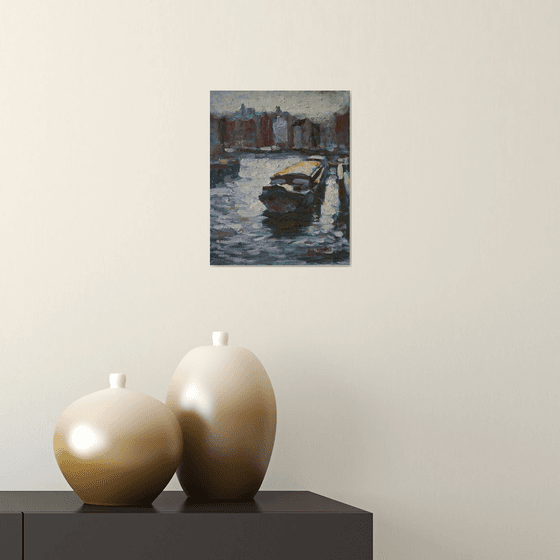 Original Oil Painting Wall Art Signed unframed Hand Made Jixiang Dong Canvas 25cm × 20cm Boats on the River in Amsterdam Netherlands Small Impressionism Impasto