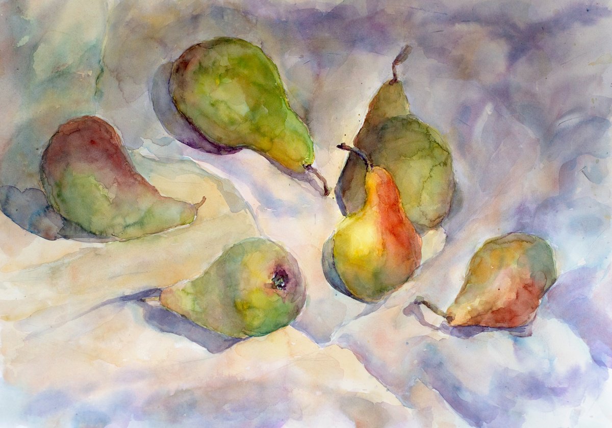 Impressionistic Still Life Watercolour By Oleksandra Skrypchenko, 26 X 19", Dancing Pears, Original Artwork