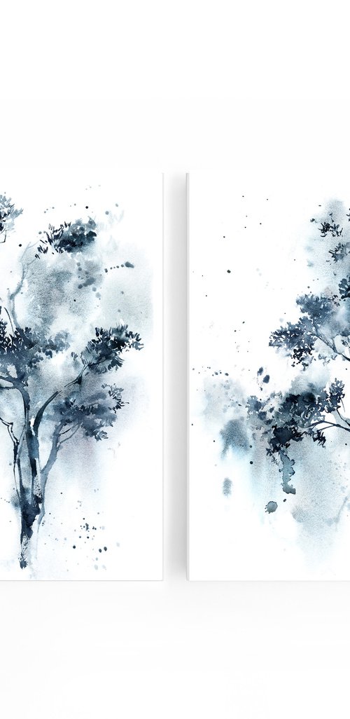 Pine trees in blue diptych Original watercolor painting by Sophie Rodionov