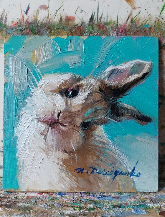 Cute rabbit painting original oil art 10x10 cm, White Bunny illustration on turquoise background nursery wall art