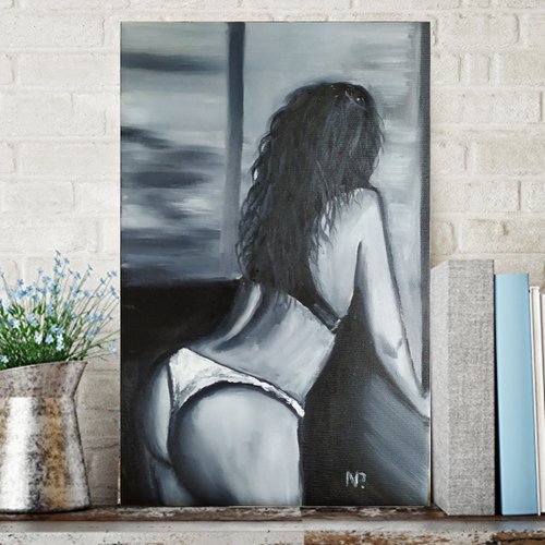 One man's dream, original nude erotic girl black and white oil painting by Nataliia Plakhotnyk