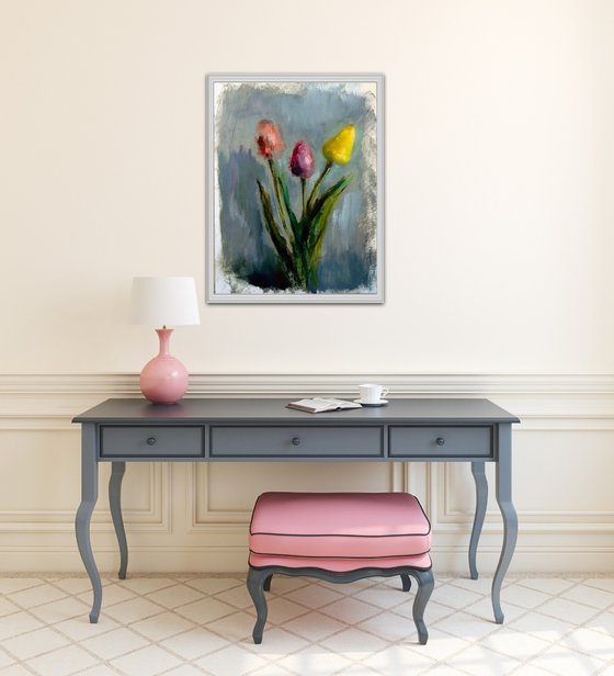 Colorful flower Tulip Art Painting on Paper Original Artwork