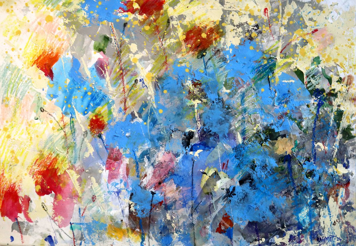 Impressionistic Abstract Acrylic Painting By Rakhmet Redzhepov, 23 X 17", Fantasy With Flowers 238, Original Artwork