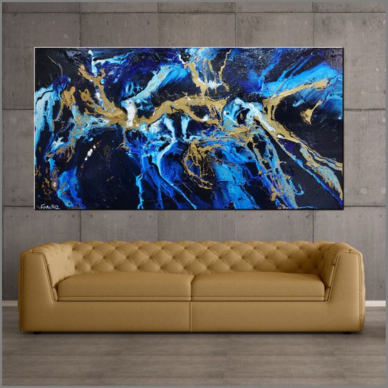 Midnight Gold Rush 190cm x 100cm Blue Gold Abstract Art