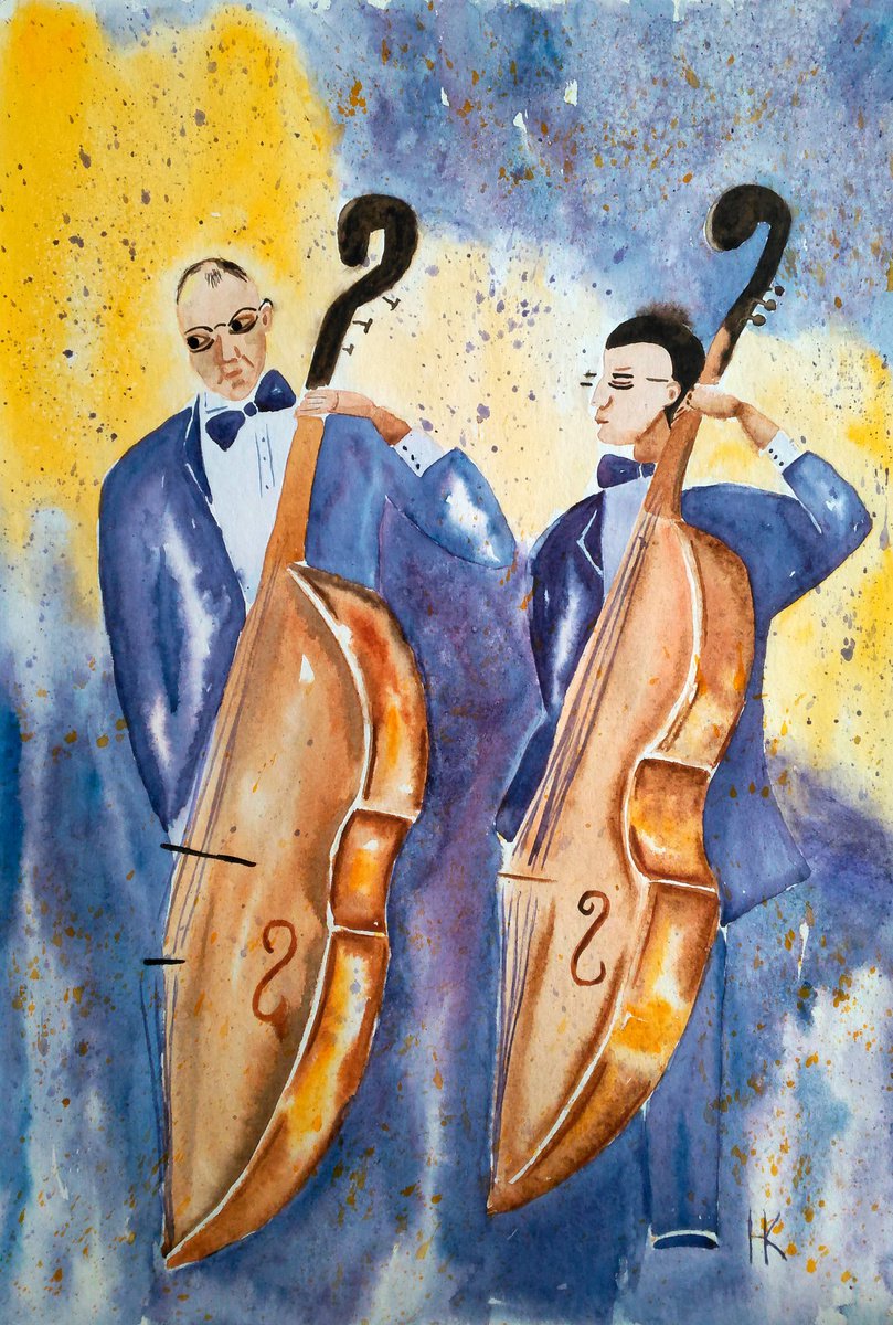 Maestro Sh...with his colleague. original watercolor painting kontrabas# musicians by Halyna Kirichenko