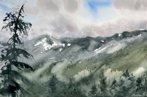 Origina watercolour painting, Canmore rockies, Canada