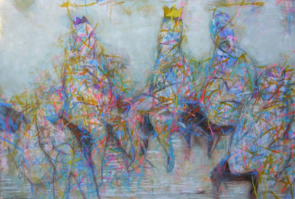 Expressive Portrait Acrylic Painting By Victoria Cozmolici, 47 X 31", Dialogue, Original Artwork