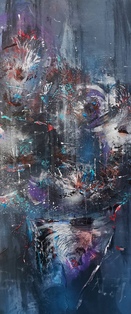 Dark Blue Enigmatic Ghostly Pot With Flowers Masterpiece Painting By O KLOSKA by Kloska Ovidiu