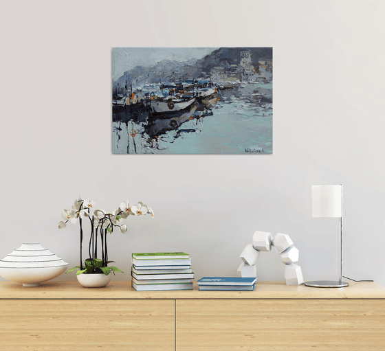 Boats in the bay - Original Landscape painting