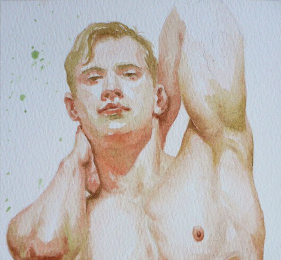 original watercolour painting  male nude in bathroom on paper#16-10-31
