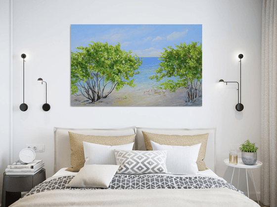 ENDLESS SUMMER. Tropical Island Seascape Painting of Florida Beach and Sea Birds.