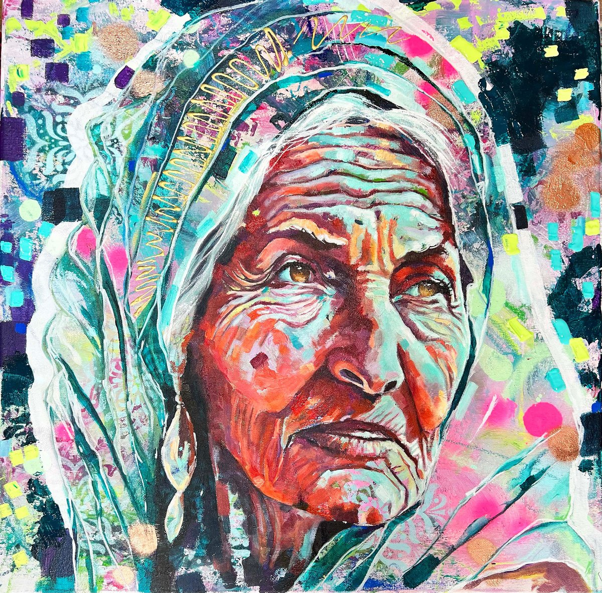 Expressive Portrait Acrylic Painting By Kirsten Todd, 20 X 20", Divine Feminine Beauty Of Age, Original Artwork