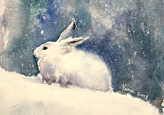 Cute White Bunny in Snow ORIGINAL Watercolor Painting