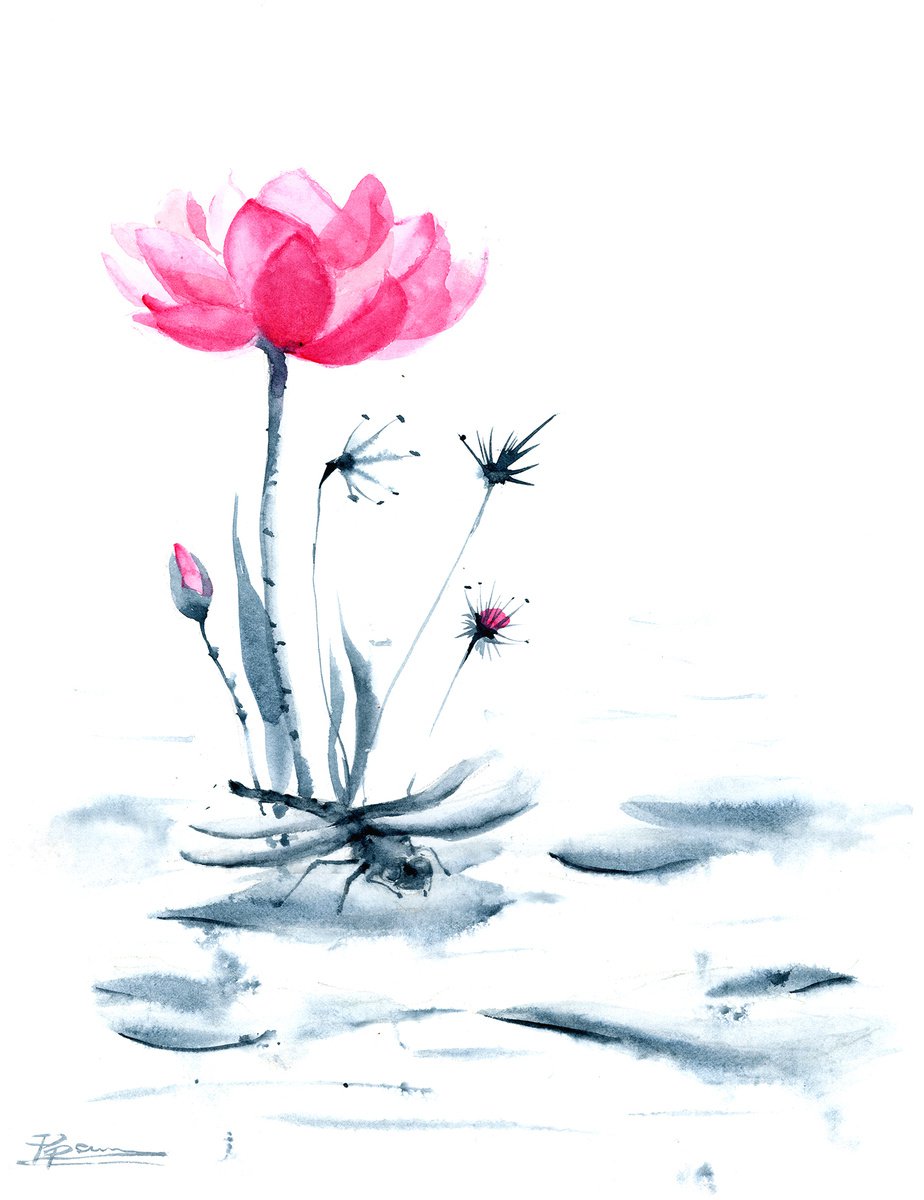 Impressionistic Watercolour , Dragonfly And Lotus By Olga Tchefranov (Shefranov), 9 X 12, Artwork For Sale On Artfinder