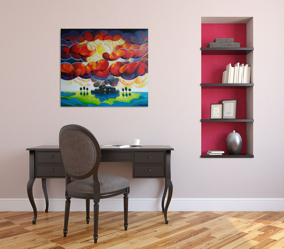 Sunset (80x90cm, cubism, oil painting, ready to hang)