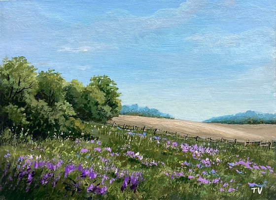 Summer meadow. Acrylic painting. Nature Landscape.
