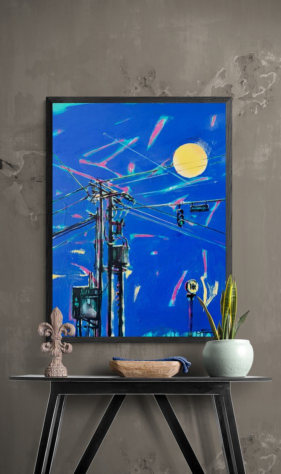 Urban painting - "Yellow moon" - Pop art - Bright - Street art - Electric pole - Urban - Sunset