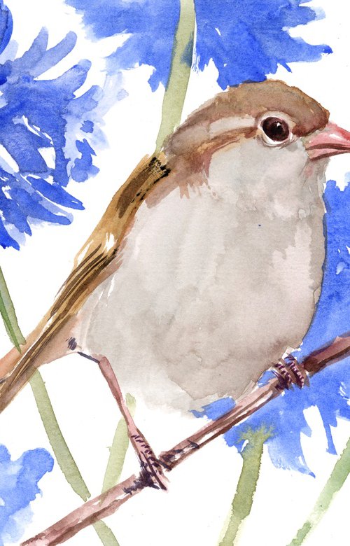 sparrow and blue flowers by Suren Nersisyan