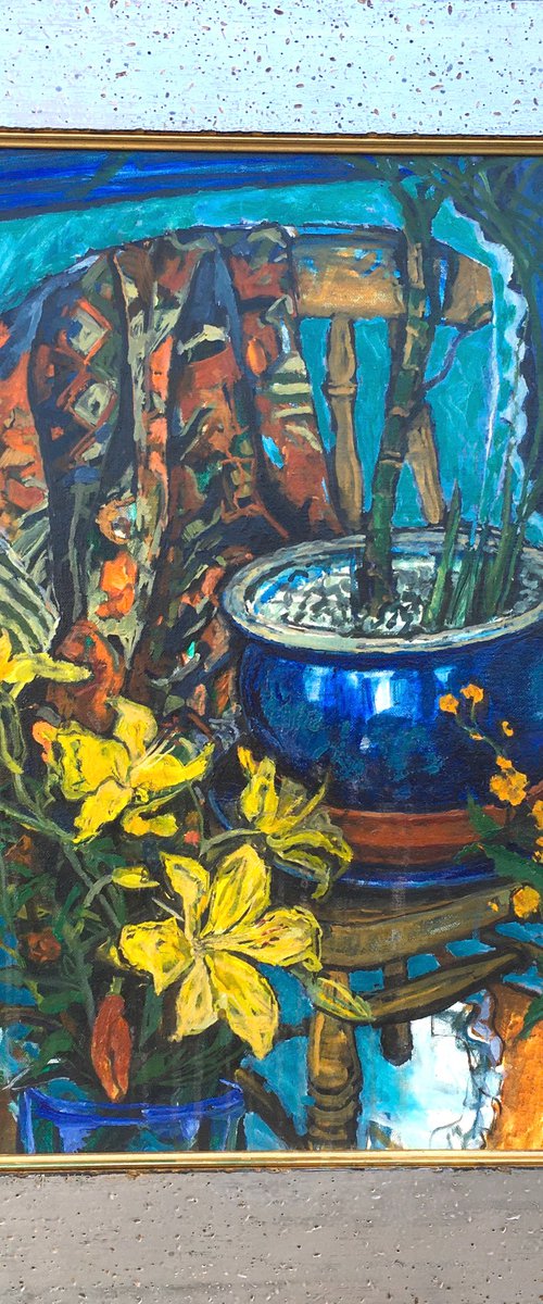 Yellow Lilies in a blue pot framed still life by Patricia Clements