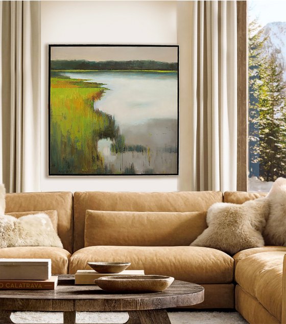 Grassy Waters Lake 30x30" 76x76cm Oil by Bo Kravchenko