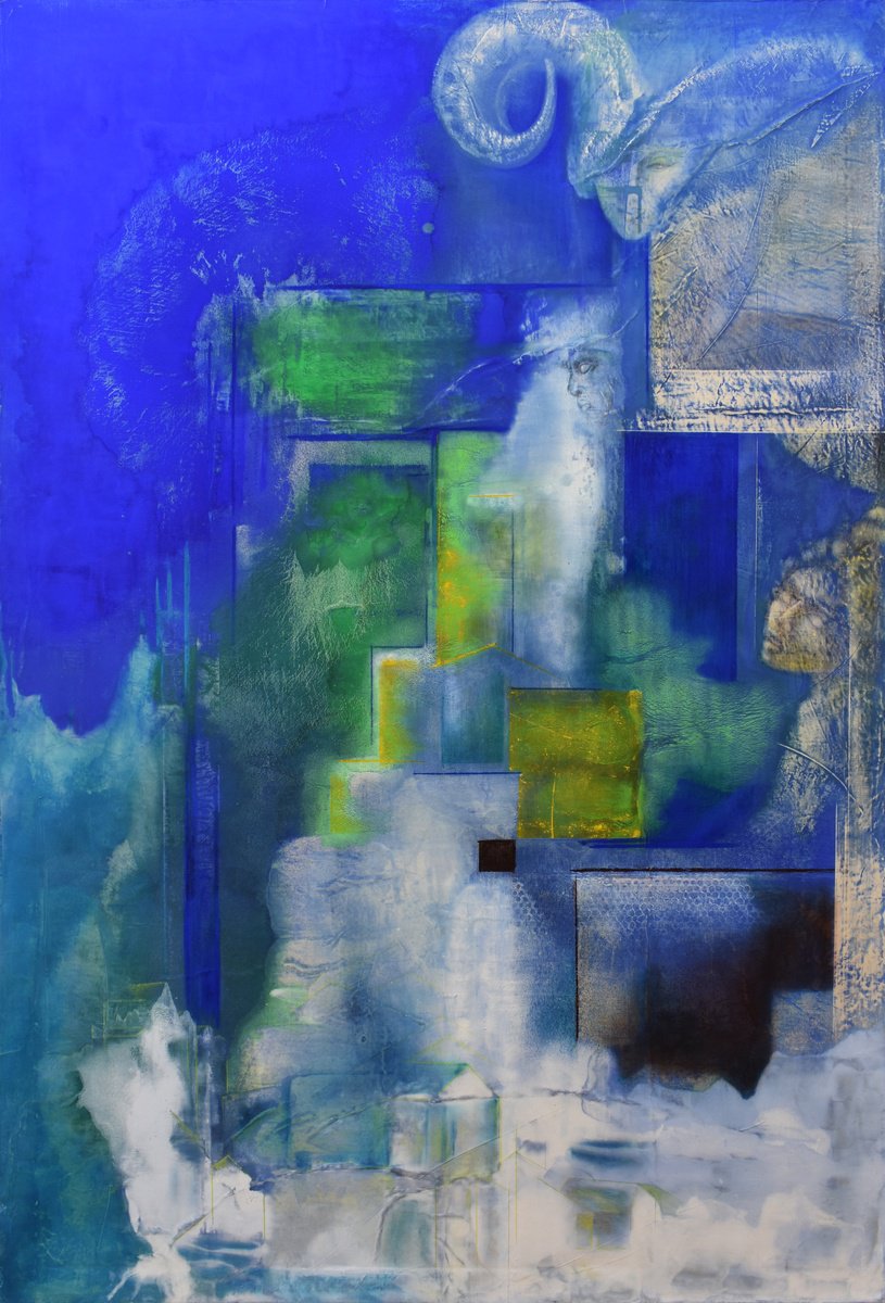 Abstract Oil Painting By Milena Nicosia, 39 X 59", Sogno Blu, Original Artwork