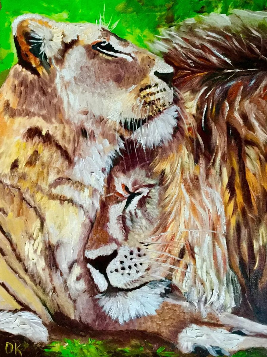 Impressionistic Animal Oil Painting By Olga Koval, 18 X 24", Lions. Happy Couple, Original Artwork