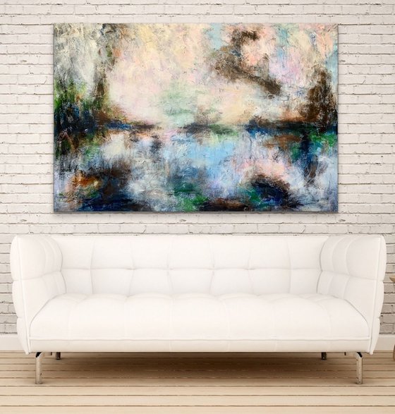 78''x53''(200x135cm), Magnificent Earth 14, blue, pink, cream, green black, texture, land earth colors canvas art  - xxxl art - abstract art painting- extra large art