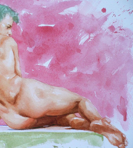 Watercolor painting male nude on paper#16-12-9